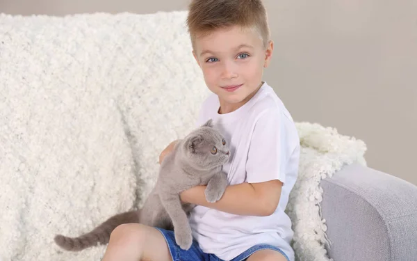 Μικρό αγόρι με βρετανική γατάκι — Φωτογραφία Αρχείου
