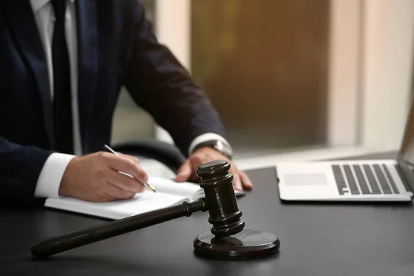 Modern workplace with judge gavel — Stock Photo, Image