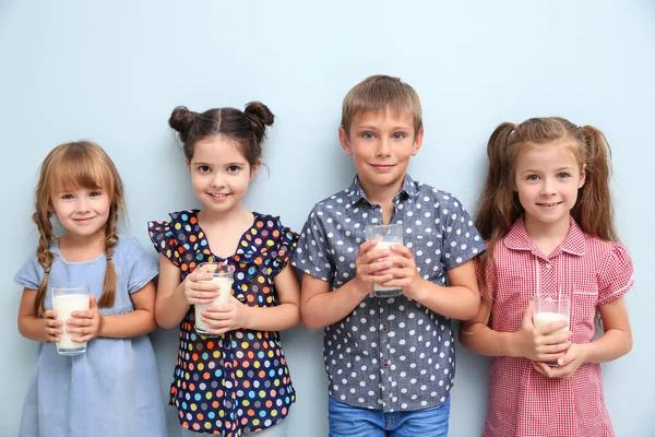 Little Children Glasses Milk Blue Background — Stock Photo, Image