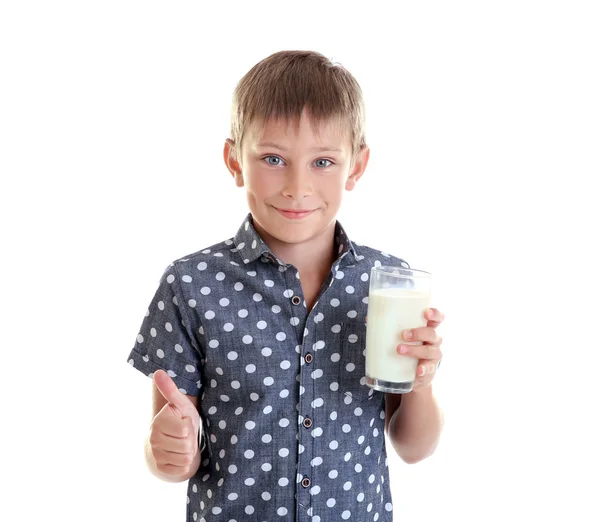 Porträt Eines Kleinen Jungen Mit Einem Glas Milch Isoliert Auf — Stockfoto