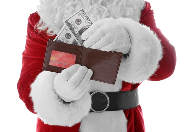 Santa Claus manos sosteniendo la cartera — Foto de Stock