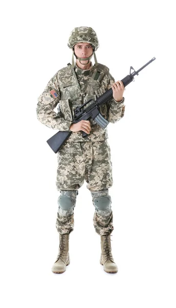 Soldado Camuflagem Segurando Rifle Isolado Branco — Fotografia de Stock