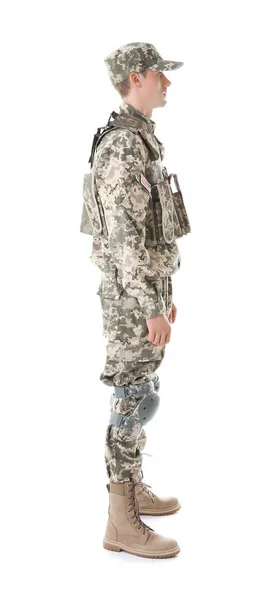 Soldado Camuflagem Isolado Branco — Fotografia de Stock