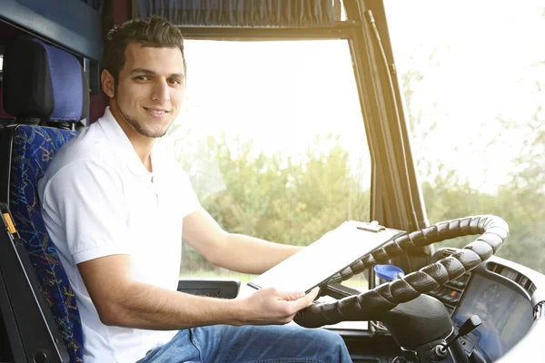 Handsome Driver Clipboard Sitting Bus — Stock Photo, Image
