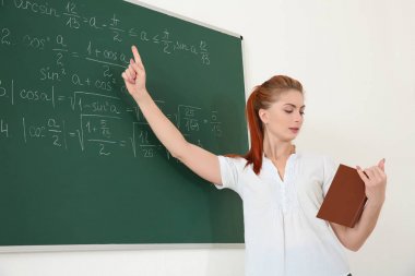 Blackboard yanında genç öğretmen 