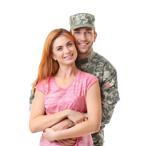 Soldier with girlfriend on white — Stock Photo, Image