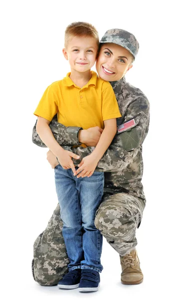 Mãe militar com filho — Fotografia de Stock