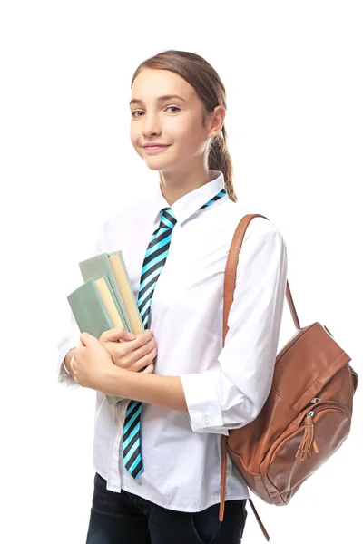 Schoolmeisje Witte Achtergrond — Stockfoto