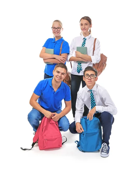 Gruppe Klassekamerater Hvit Bakgrunn – stockfoto