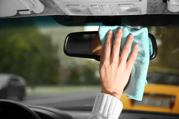 Closeup Woman Cleaning Rear View Mirror View — Stock Photo, Image