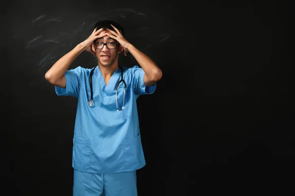 Young Handsome Medical Student Blackboard Background — Stock Photo, Image