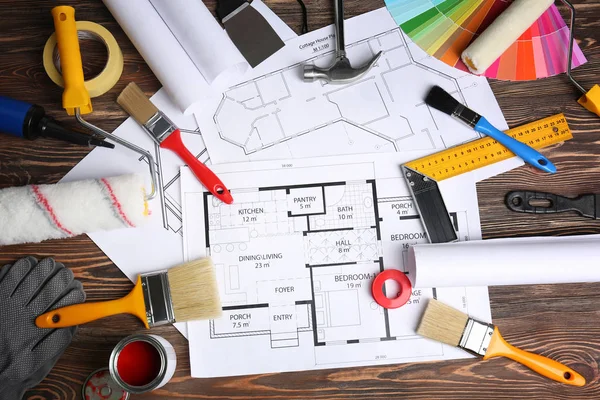 Workplace with house project and tools — Stock Photo, Image