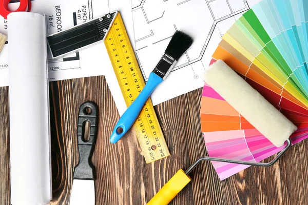 Workplace with house project and tools — Stock Photo, Image