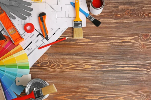 House Project Color Swatches Tools Wooden Table — Stock Photo, Image