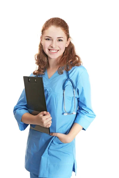 Young Beautiful Doctor Clipboard White Background Royalty Free Stock Images