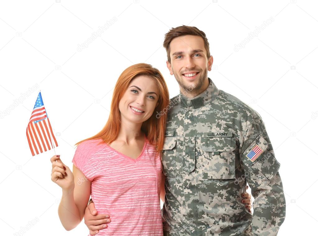 Soldier with girlfriend on white 