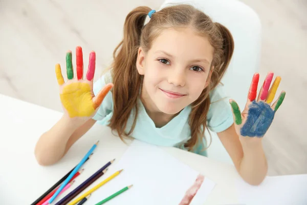 Cute Girl Palms Paint Home — Stock Photo, Image