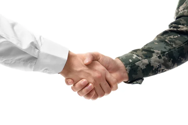 Soldado e civil apertando as mãos — Fotografia de Stock