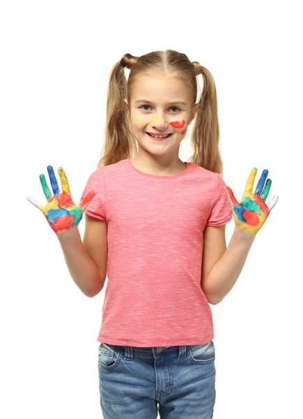 Sevimli küçük kız ellerinde boya ile — Stok fotoğraf