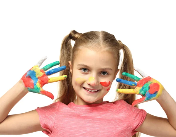 Söt liten flicka med händer i paint — Stockfoto
