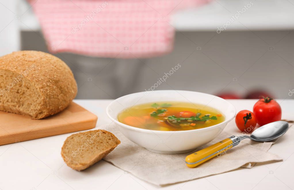 Bowl with fresh vegetable soup 