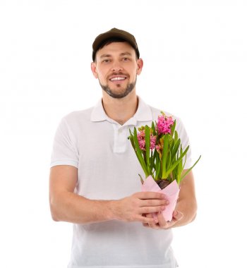 Ev bitkisi tutan erkek çiçekçi