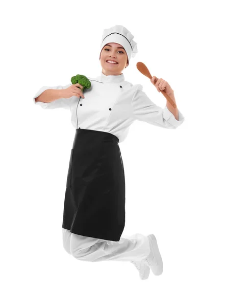 Chef avec brocoli et cuillère en bois — Photo