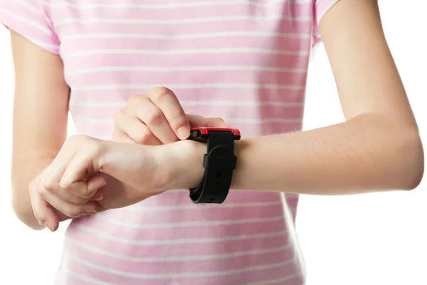 Woman with heart rate monitor watch, closeup — Stock Photo, Image
