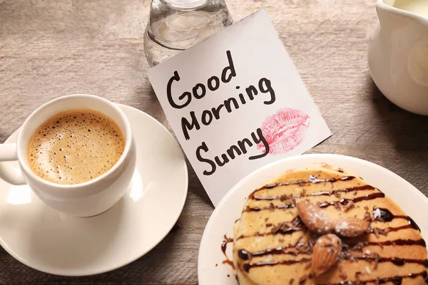 Breakfast and GOOD MORNING greeting note — Stock Photo, Image