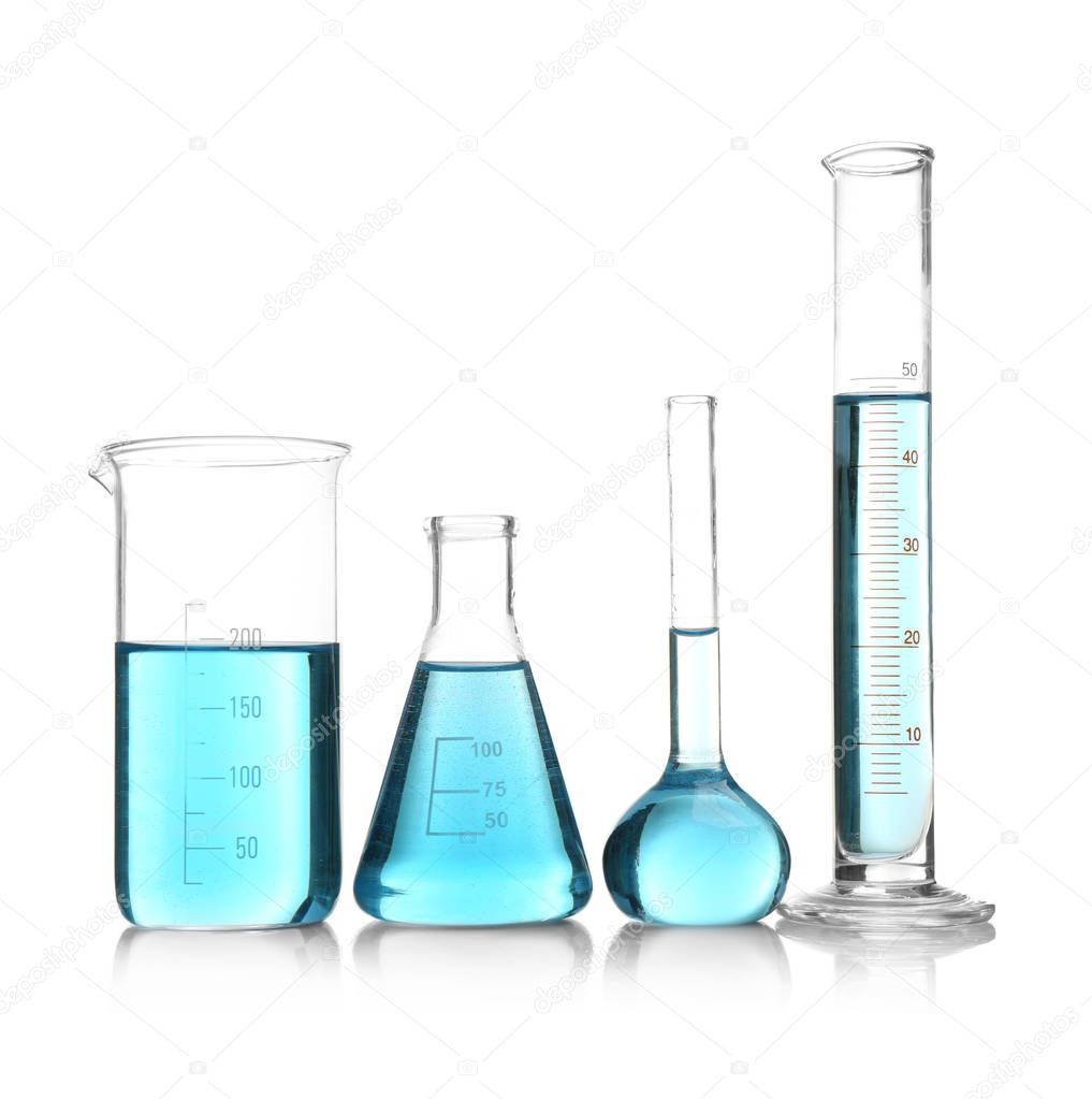 Laboratory glassware with blue samples 