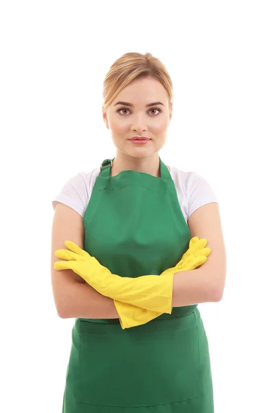 Concepto Limpieza Mujer Joven Delantal Verde Sobre Fondo Blanco — Foto de Stock