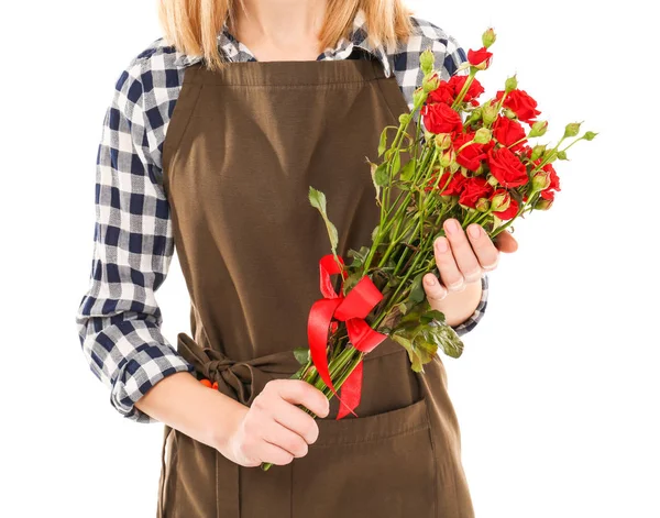 Linda florista mulher segurando monte de rosas — Fotografia de Stock
