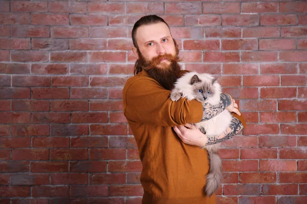 Homem Barbudo Jovem Com Gato Fofo Fundo Parede Tijolo — Fotografia de Stock