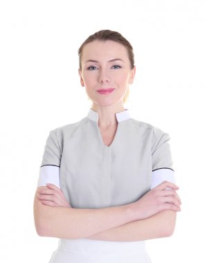 Beyaz izole üniformalı güzel oda hizmetçisi