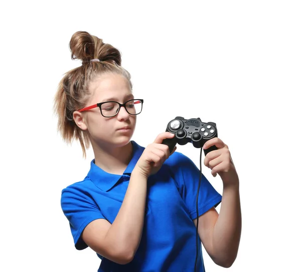 Hübscher Teenager Mit Spielcontroller Auf Weißem Hintergrund — Stockfoto