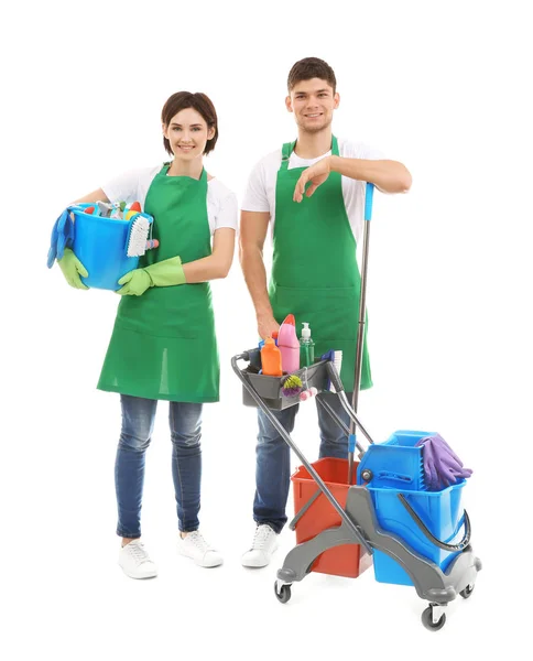 Equipo Servicio Con Equipo Limpieza Sobre Fondo Blanco — Foto de Stock