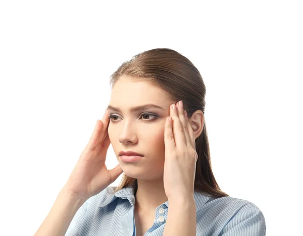 Beautiful young woman suffering from headache on white background — Stock Photo, Image