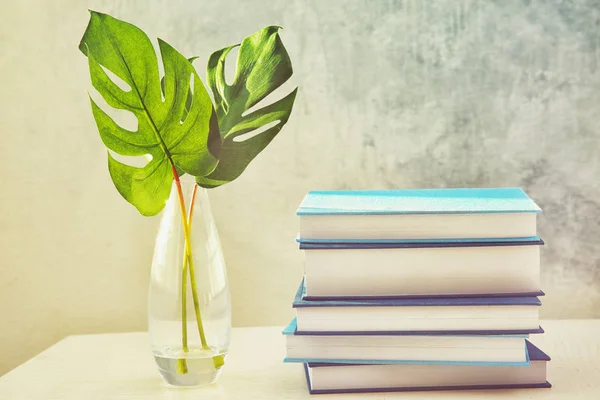 New books and vase with leaves — Stock Photo, Image