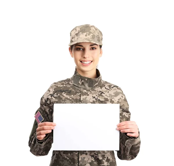 Soldado Femenino Con Cartel Blanco Sobre Fondo Blanco —  Fotos de Stock