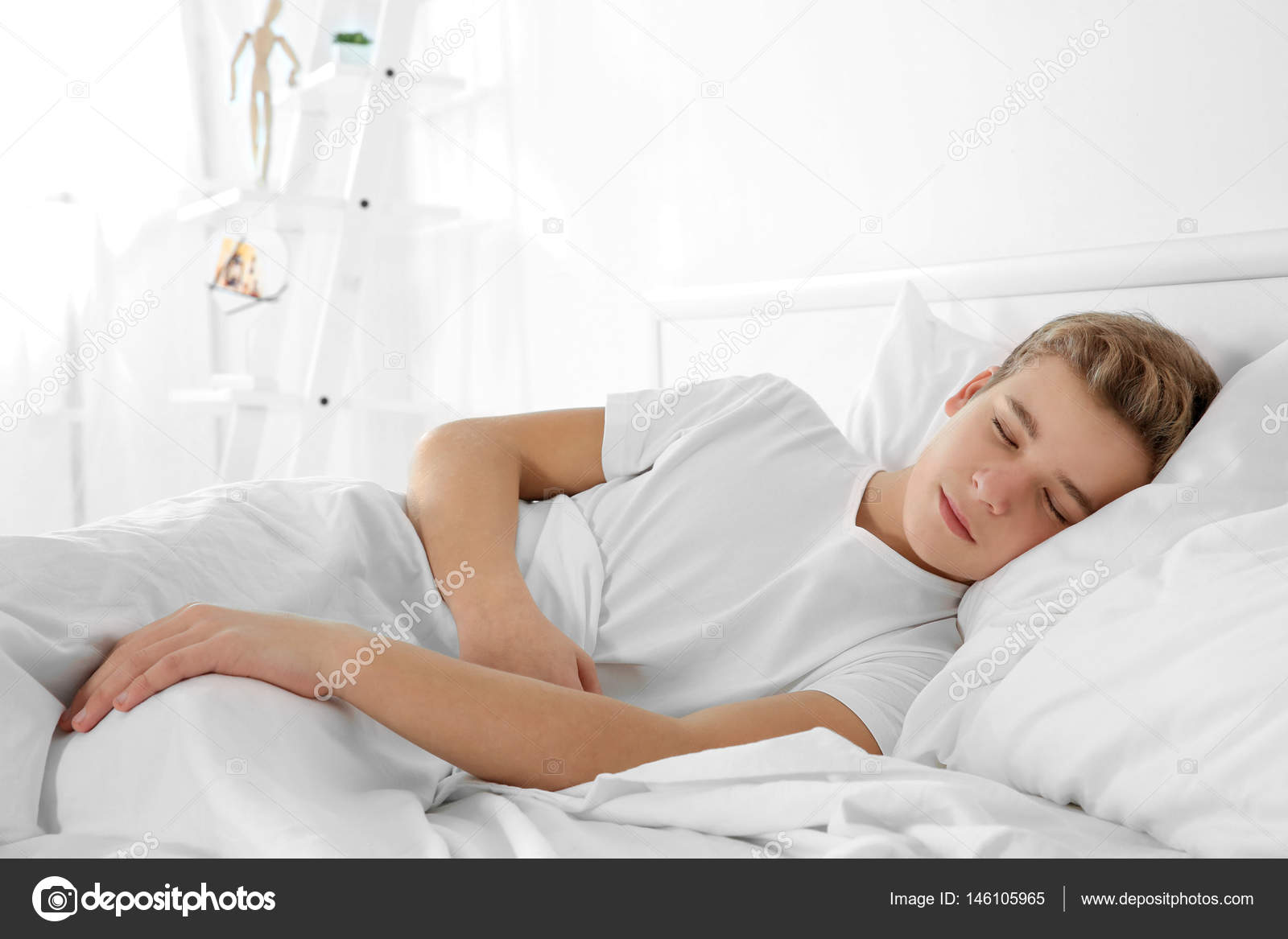 Cute Teenager Boy Sleeping Bed Home Stock Photo