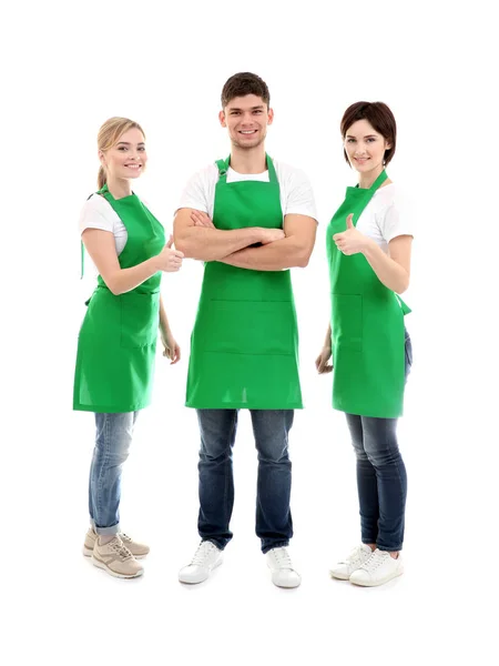 Cleaning Staff Green Aprons White Background — Stock Photo, Image