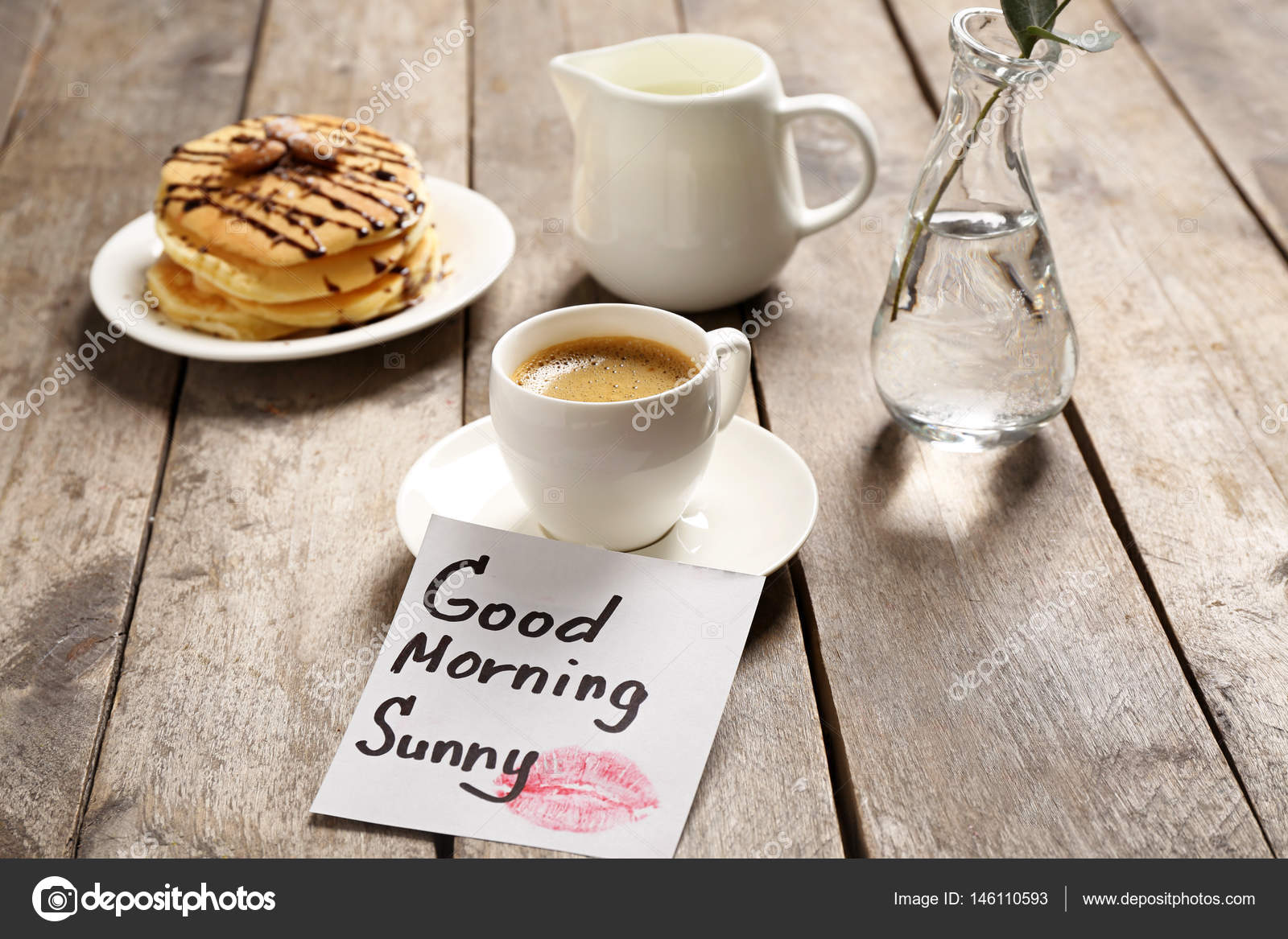 Breakfast and GOOD MORNING greeting note Stock Photo by ©belchonock  146110593