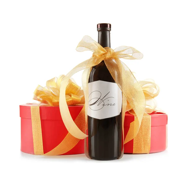 Botella de vino decorada y cajas de regalo —  Fotos de Stock