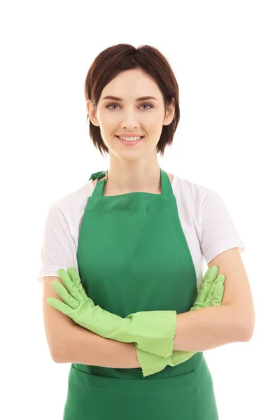Cleaning Concept Young Woman Green Apron White Background — Stock Photo, Image