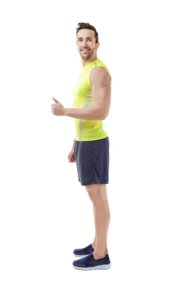 Concepto de postura incorrecto. Hombre en ropa deportiva aislado en blanco —  Fotos de Stock