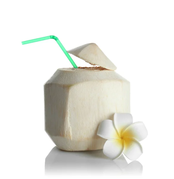 Coco com plumeria branca — Fotografia de Stock
