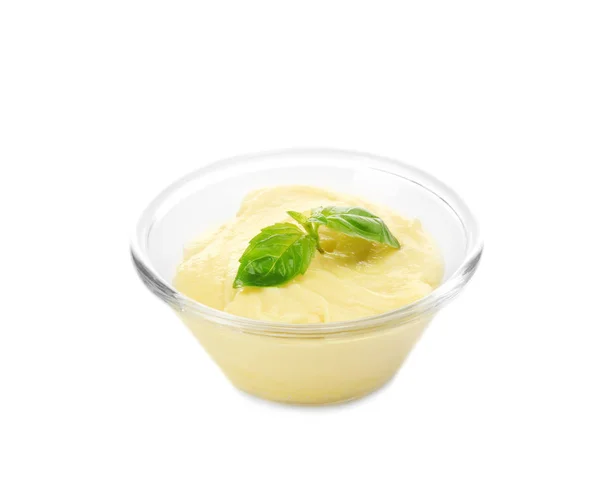 Creamy cheese and basil leaves — Stock Photo, Image