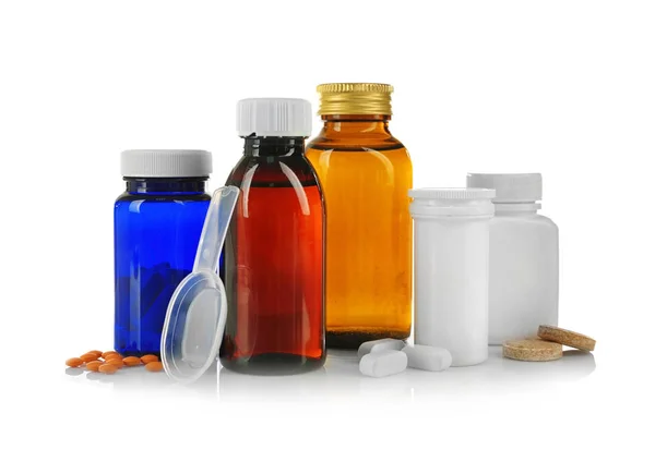 Frascos com medicamentos e comprimidos — Fotografia de Stock