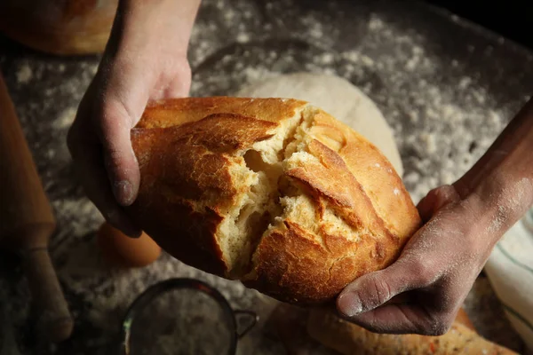 Mani maschili con pane appena cotto — Foto Stock