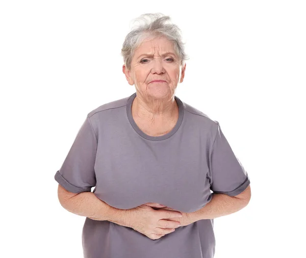 Mujer anciana que sufre de dolor de estómago — Foto de Stock